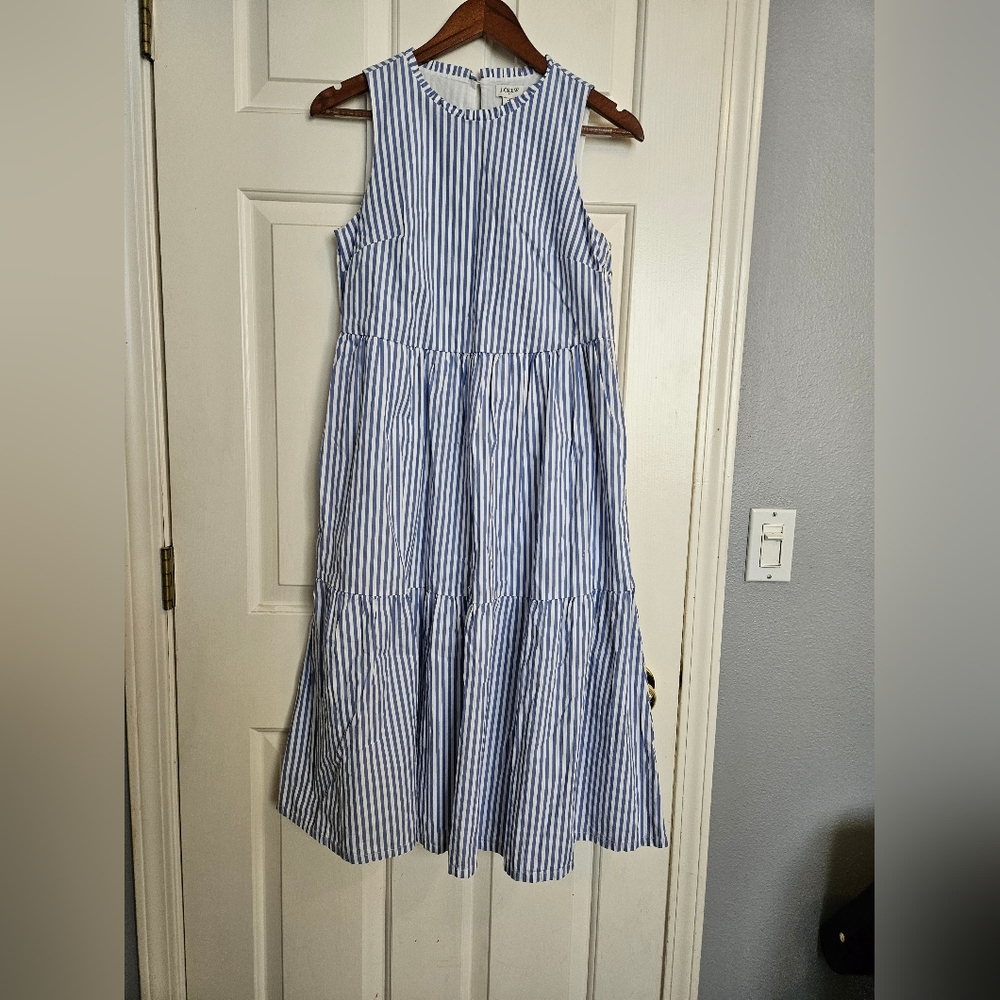 J Crew Factory Blue Striped Ruffle Midi Dress